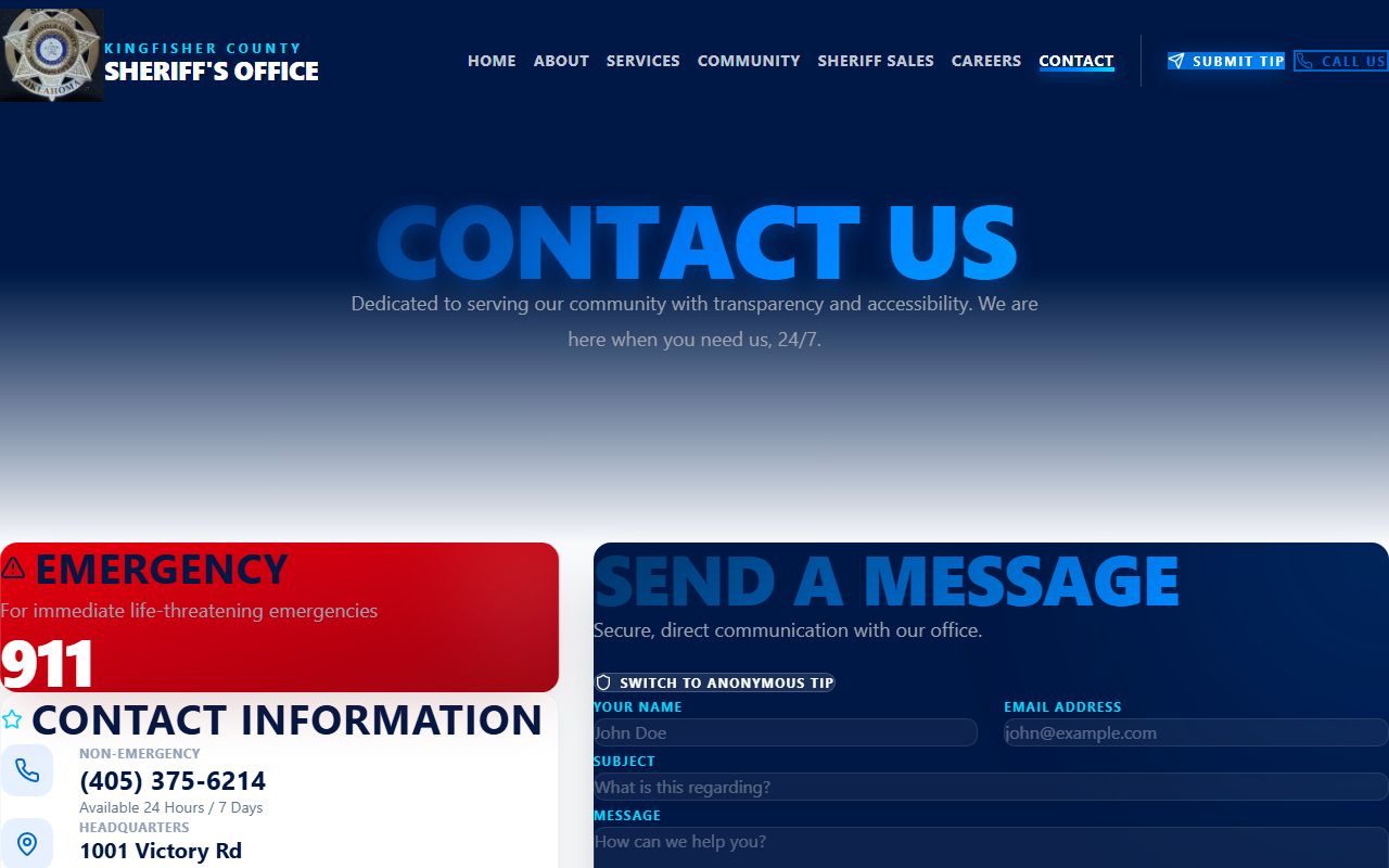 Kingfisher County Sheriff's Office contact page with map and public phone information