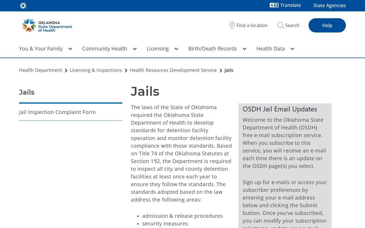 Oklahoma State Department of Health jail standards and inspection process page